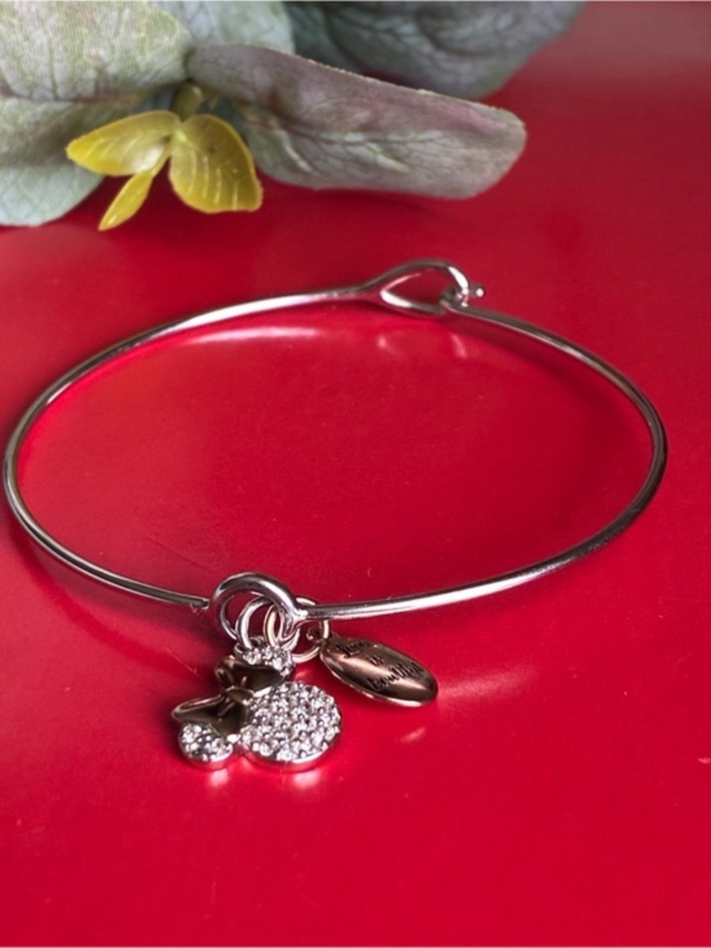 Disney Silver Crystal Minnie Charm Bangle Bracelet 7”
